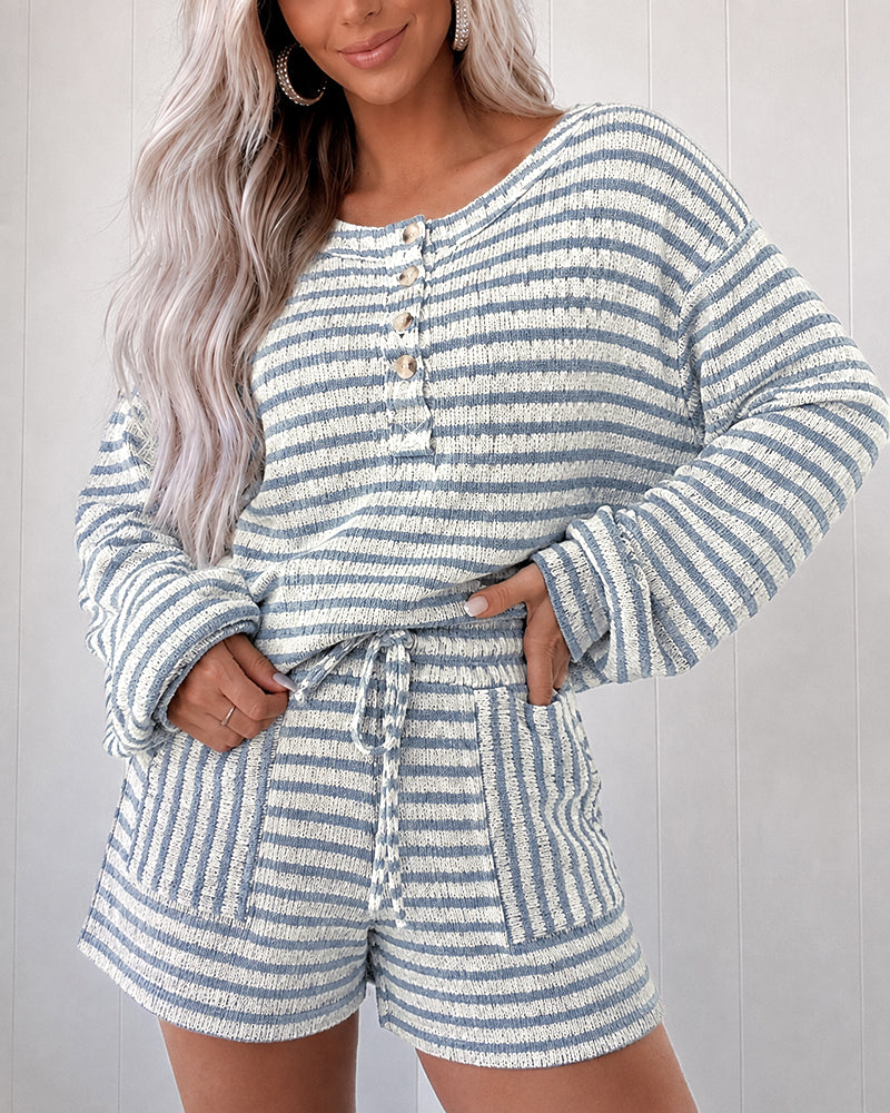 Women's Striped Two Piece Outfit Henley Lantern Sleeve Top and Drawstring Shorts Casual Lounge Set - Image 4