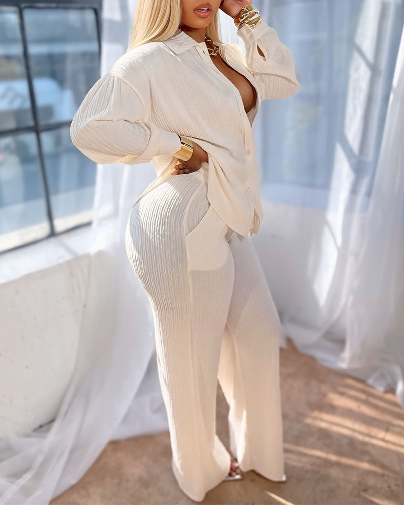 2 Pieces Outfit Turn-down Collar Button Front Pocket Design Asymmetrical Hem Top and Drawstring Elastic Waist Wide Leg Pants Set Casual Textured Set - Image 4