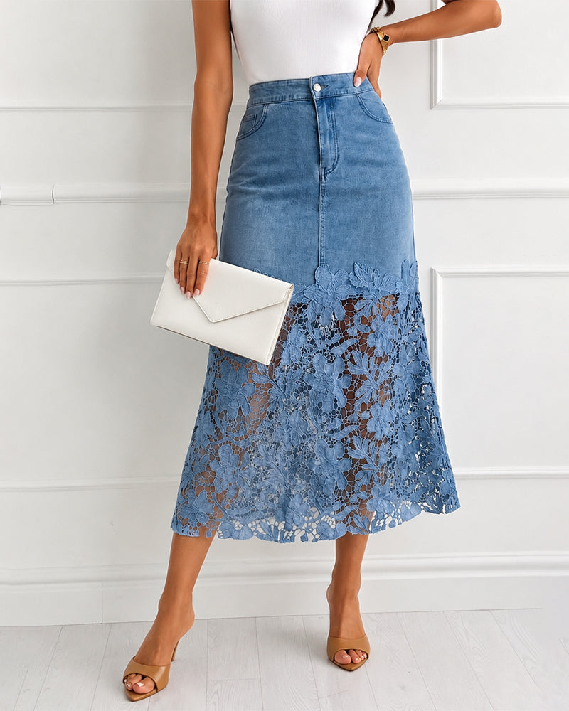 Women's Guipure Lace Spliced Denim Skirt High Waisted Jean Skirt French-Style Casual Skirt - Image 6