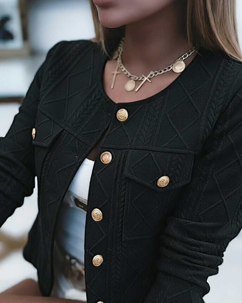 Women's French Style Cropped Jacket Round Neck Gold Button Coat Argyle Cable Jacquard Knit Outerwear - Image 15