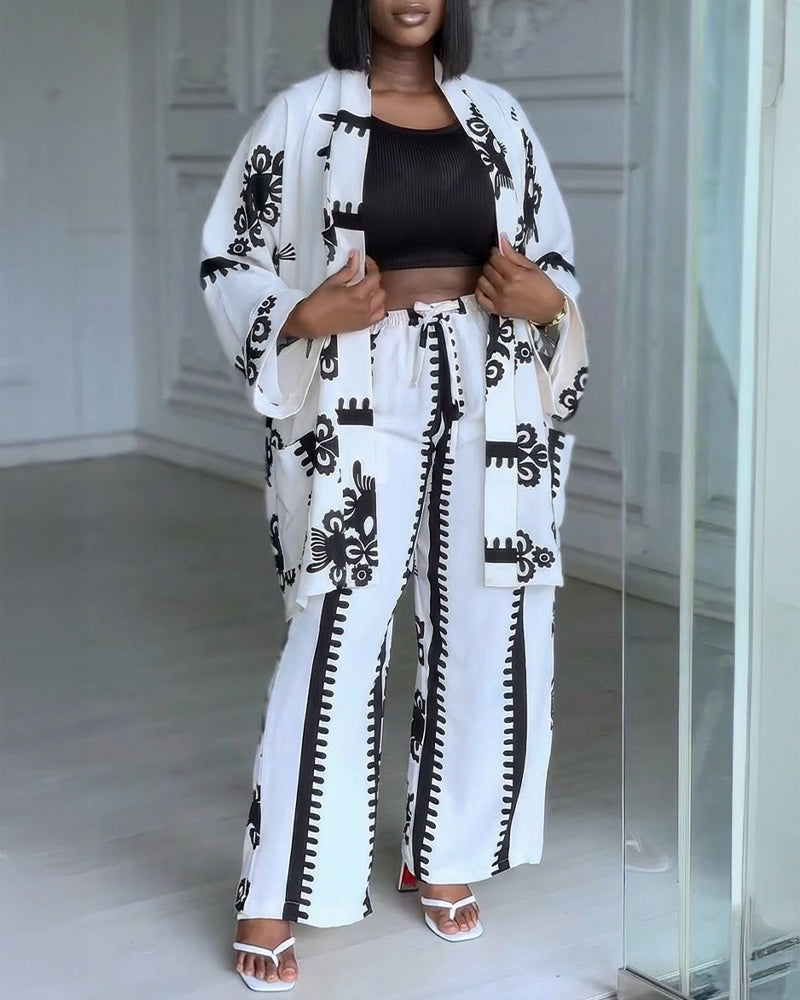2 Pieces Outfit Open Front Long Sleeve Coat and Drawstring Elastic Waist Wide Leg Pants Set Casual Vintage Baroque Print Loose Fit Set without Tank Top - Image 5
