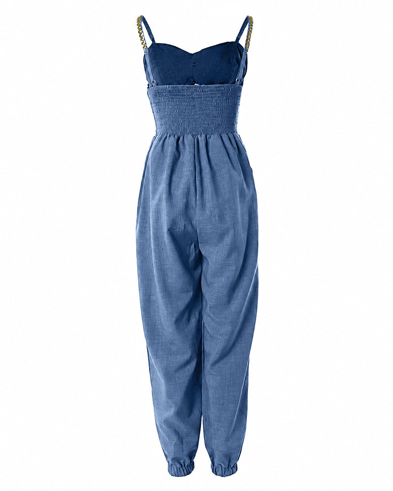 Women's Chain Decor Straps Jumpsuit Hollow Out Shirred Waist Overalls Casual Jogger Jumpsuit with Pockets - Image 7