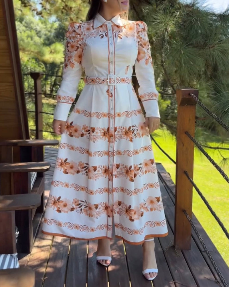 Floral Placement Print Turn-down Collar Puff Sleeve Vacation Dress Casual Button Down Shirt Dress With Belt and Lining - Image 9