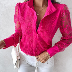 Women's Elegant Mesh Patchwork Shirt Floral Embroidery Stand Collar Pearl Button Long Sleeve Blouse