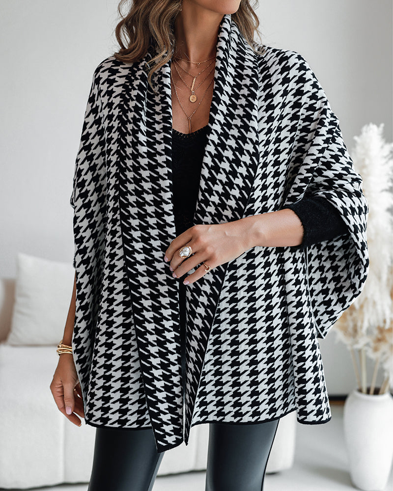 Houndstooth Print Versatile Loose Fit Sweater Coat Casual Warm Cape Shawl - Image 3