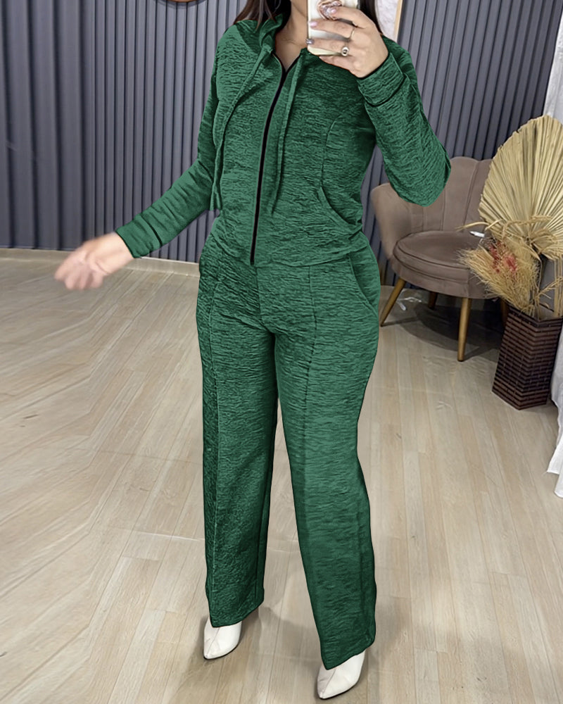 2 Pieces Outfit Long Sleeve Zip Up Drawstring Hoodie Coat and Casual Elastic Waist Seam Front Straight Leg Pants Set - Image 22