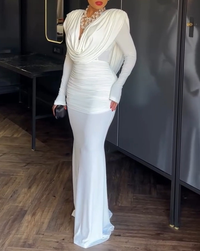 Cowl Neck Ruched Zipper Back Slim Fit Maxi Dress Casual Padded Shoulders Backless Evening Dress - Image 4