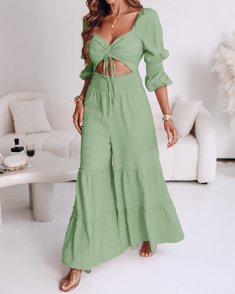 Sweetheart Neck Puff Sleeve Drawstring Front Shirred Overalls Casual Cutout Front Ruffle Hem Wide Leg Jumpsuit - Image 14