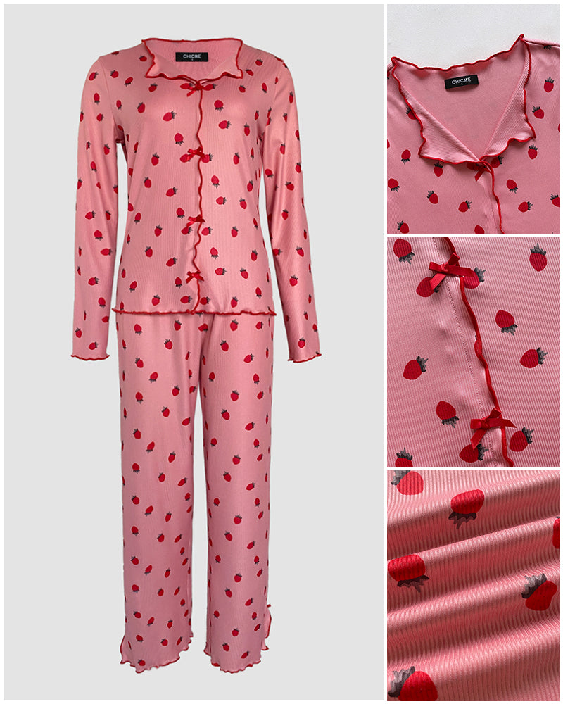 2 Pieces Outfit Bowknot Decor Turn-down Collar V-Neck Top and Elastic Waist Slit Hem Pants Set Casual Strawberry Print Frill Trim Ribbed Pajamas Set - Image 3