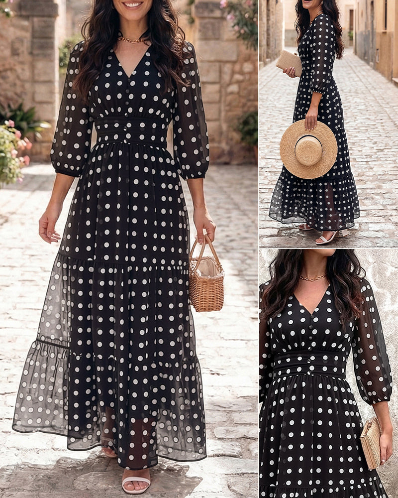 Women's Polka Dot Maxi Dress V Neck Lantern Sleeve Ruffle Hem Dress High Waist Button Up Chiffon Long Party Dress - Image 6