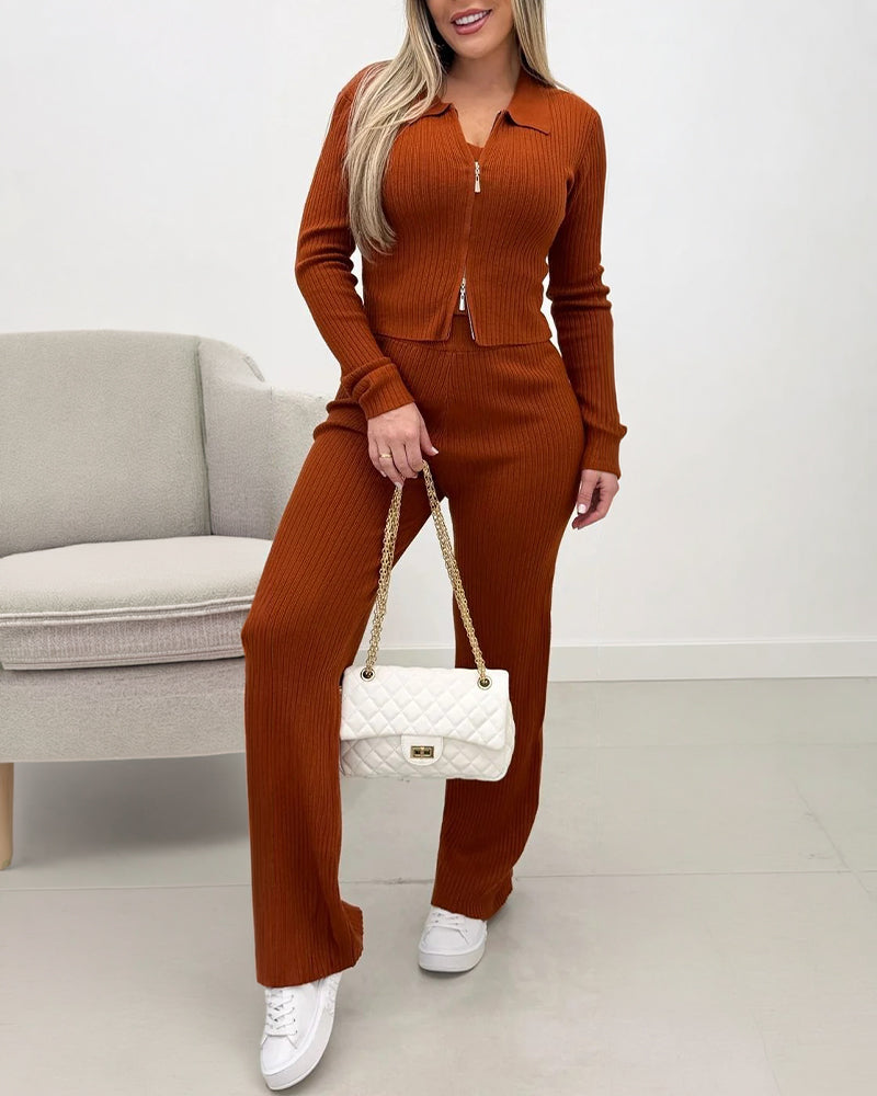 Women's Three Piece Knit Outfit Collared Two Way Zipper Coat and V Neck Tank Top and Bootcut Pants Ribbed Set - Image 5