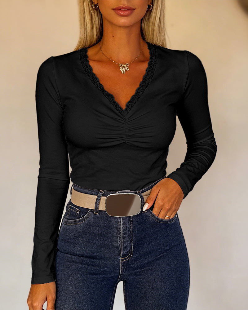 Women's Lace V Neck Ruched T Shirt Slim Fit Long Sleeve Tee Casual Elegant Top - Image 14