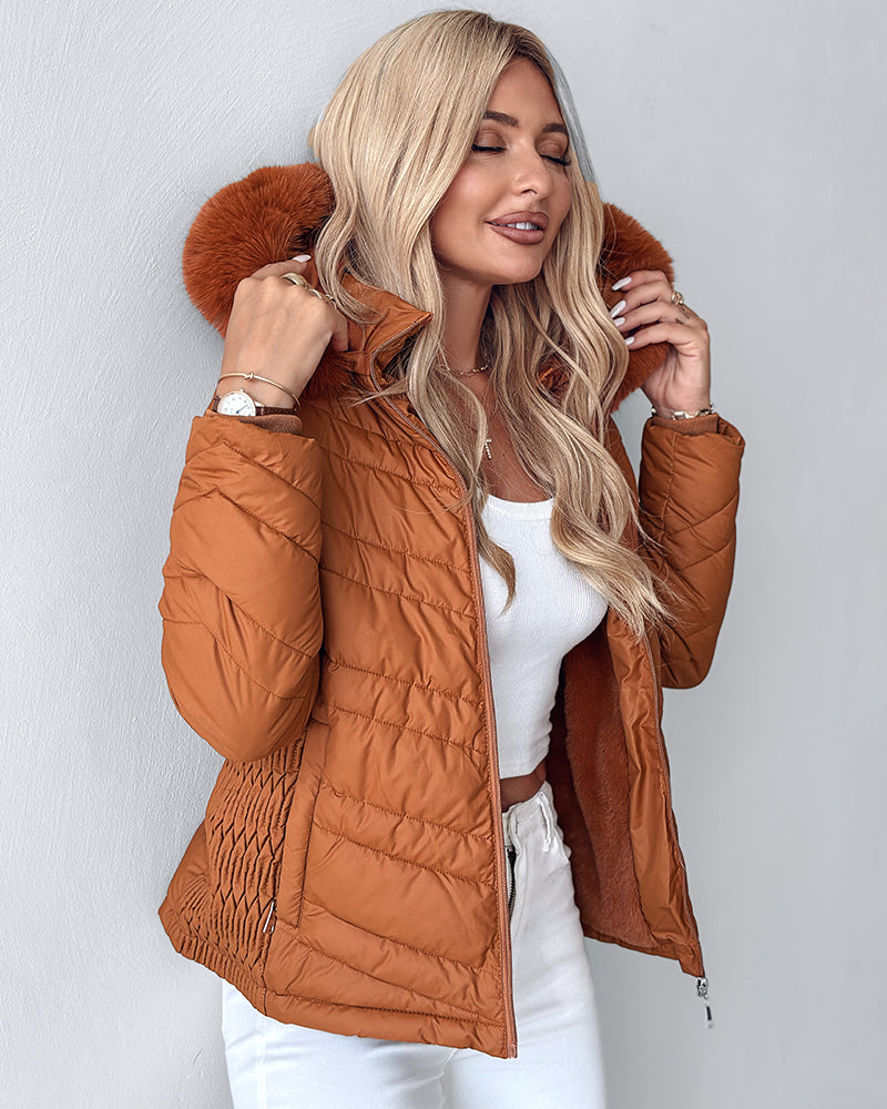 Zipper Pocket Design Shirred Fuzzy Trim Fleece Lined Hooded Puffer Jacket - Image 4