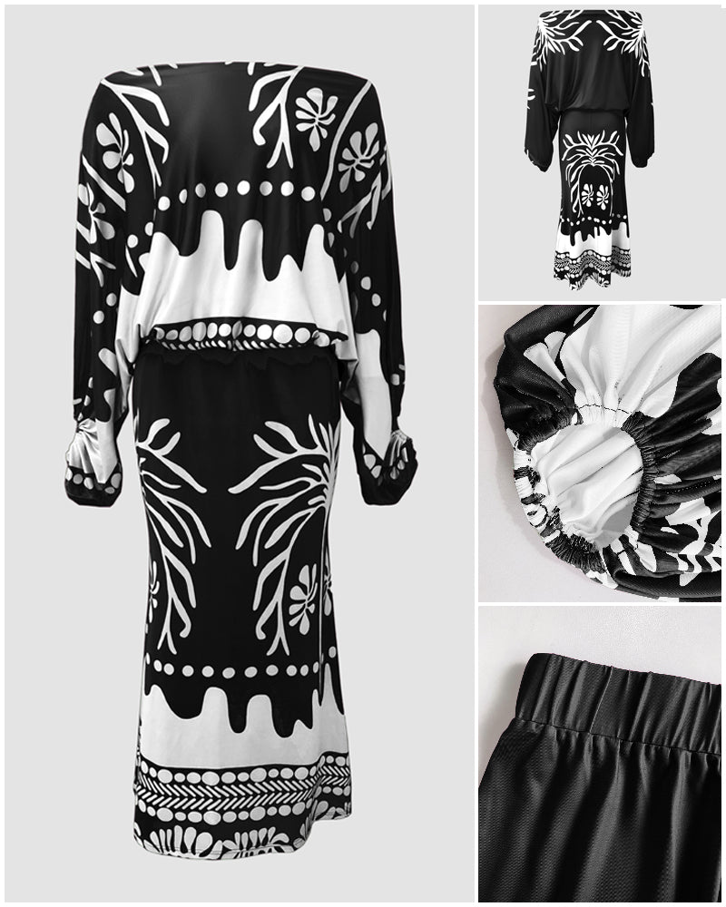 2 Pieces Outfit Skew Neck Lantern Sleeve Loose Fit Top and High Waist Elastic Waist Fishtail Maxi Skirt Set Casual Tropical Print Vacation Set - Image 10