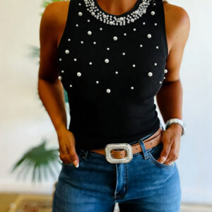 Women's Pearls Slim Fit Tank Top Sleeveless O-neck Ribbed Knit Tee