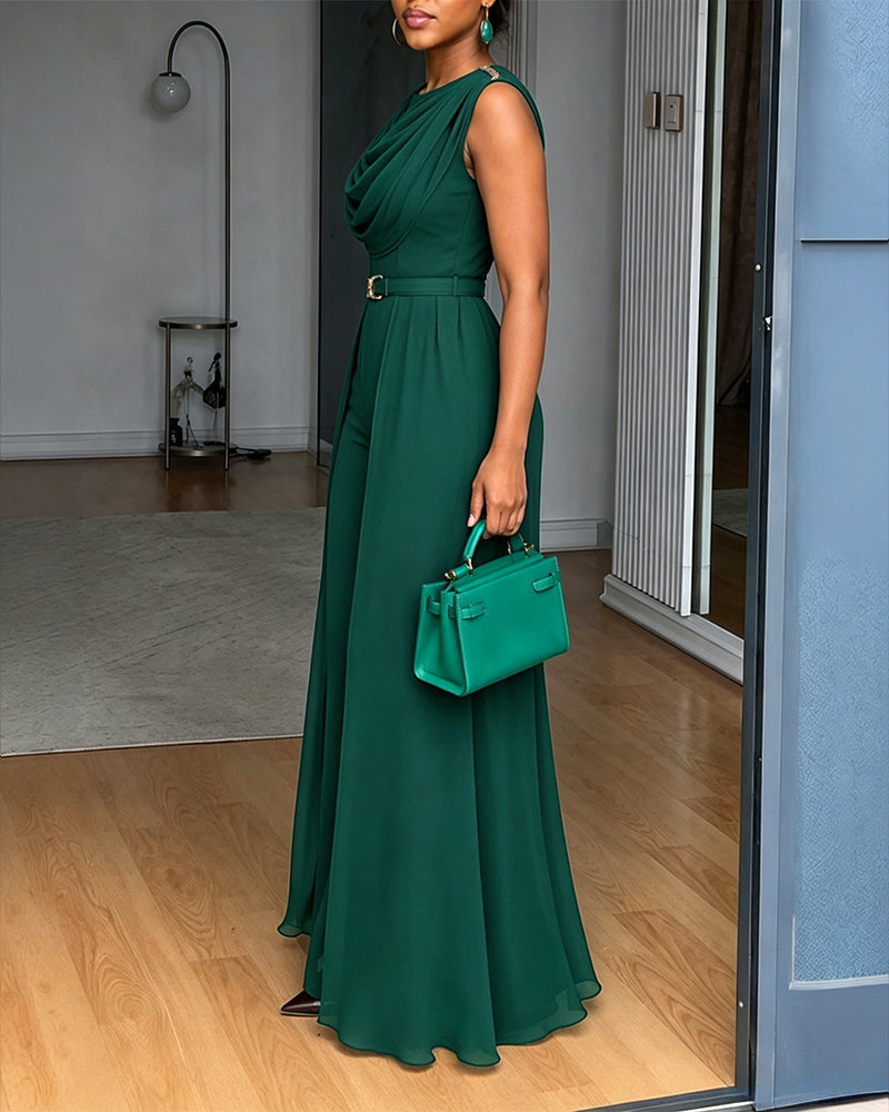 Women's Cowl Neck Wide Leg Jumpsuit High Waist Sleeveless Chiffon Overlay Spliced Evening Overalls with Belt - Image 14