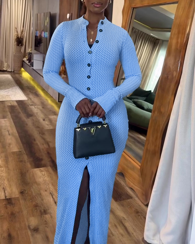 Women's Vintage Plaid Button Front Slit Maxi Dress Long Sleeve Stand Collar Slim Fit Knit Dress - Image 5