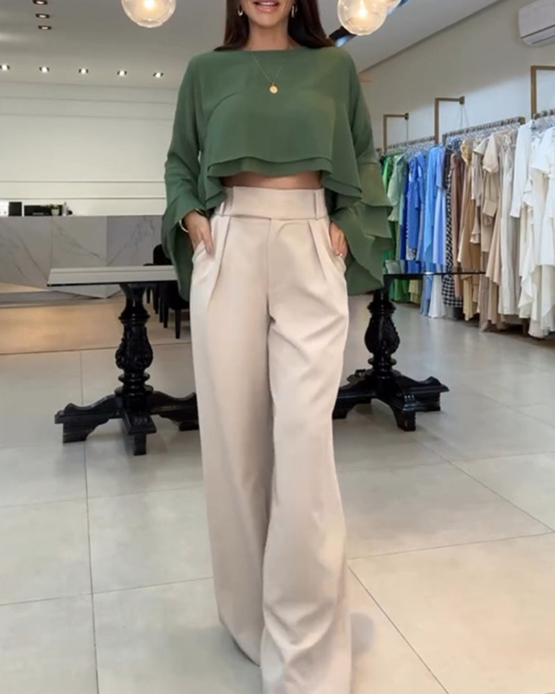 Round Neck Bell Sleeve Crop Top Casual Loose Fit Layered Blouse - Image 2