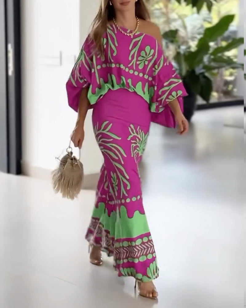 2 Pieces Outfit Skew Neck Lantern Sleeve Loose Fit Top and High Waist Elastic Waist Fishtail Maxi Skirt Set Casual Tropical Print Vacation Set - Image 4