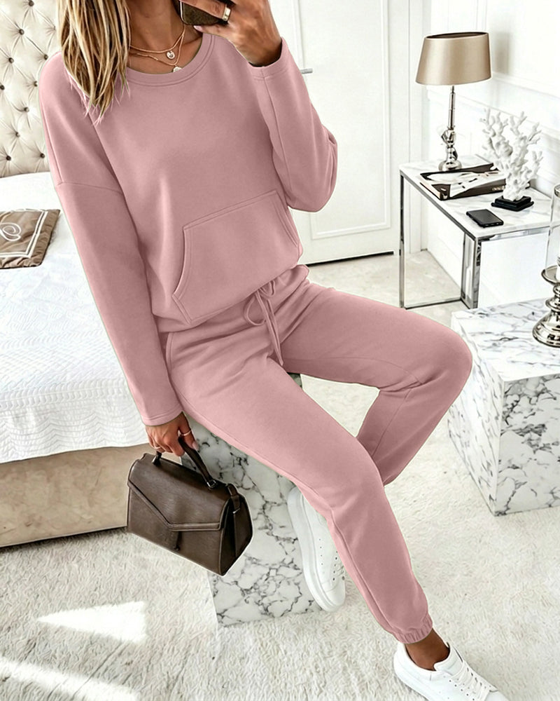Women's 2 Piece Sweatsuit Set Crewneck Drop Shoulder Sweatshirt and High Waisted Drawstring Joggers Casual Lounge Set - Image 8