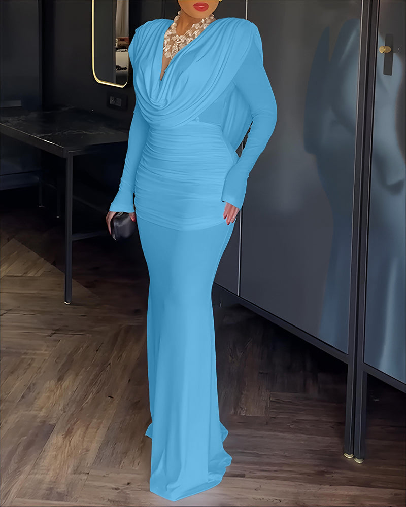 Cowl Neck Ruched Zipper Back Slim Fit Maxi Dress Casual Padded Shoulders Backless Evening Dress - Image 21