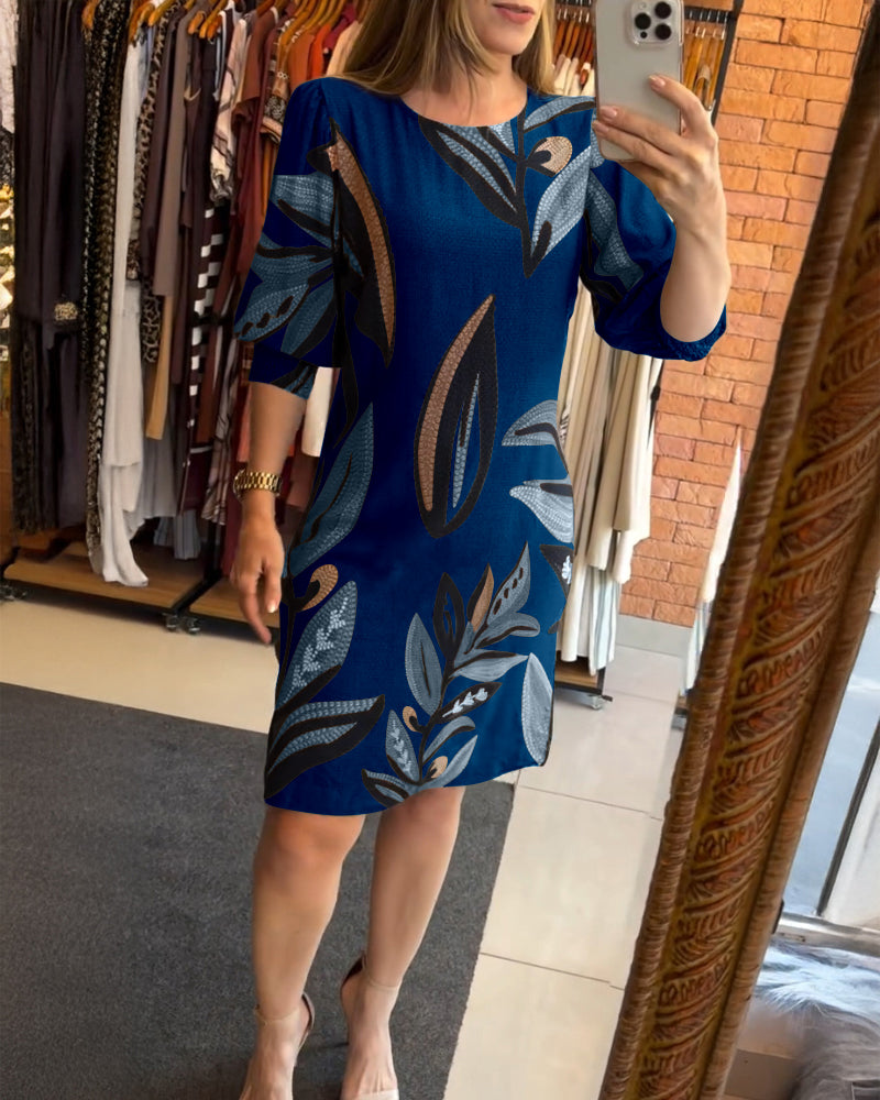 Plants Print Round Neck Half Sleeve Midi Dress - Image 14
