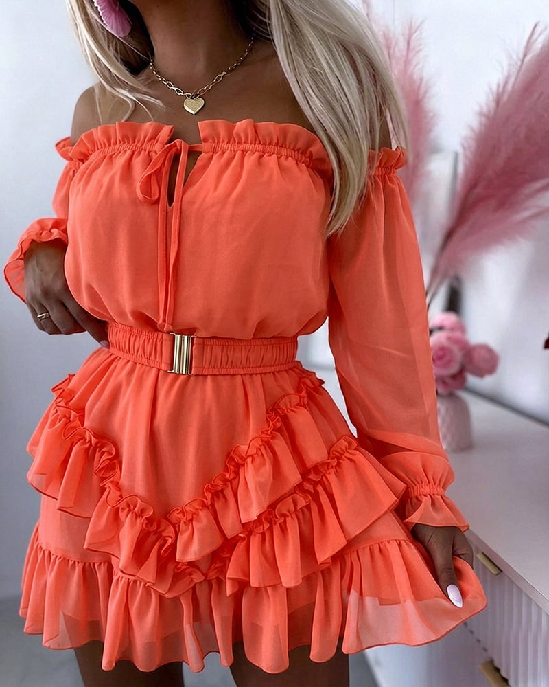 Women's Off Shoulder Frill Trim Mini A Line Dress Flowy Chiffon Ruffle Hem Party Dress with Belt & Built-In Shorts - Image 3