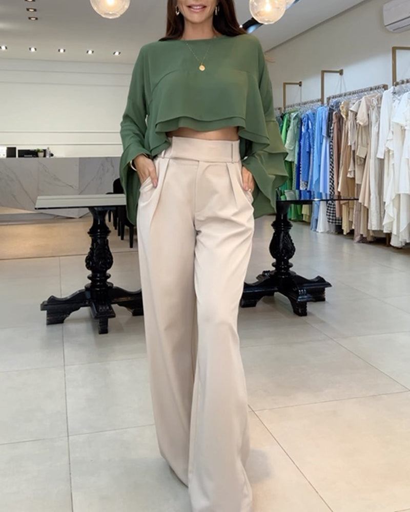 Round Neck Bell Sleeve Crop Top Casual Loose Fit Layered Blouse - Image 7
