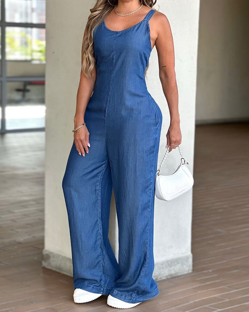 V-Neck Adjustable Thick Straps Denim Overalls Casual Shirred Back Wide Leg Suspender Jumpsuit - Image 3