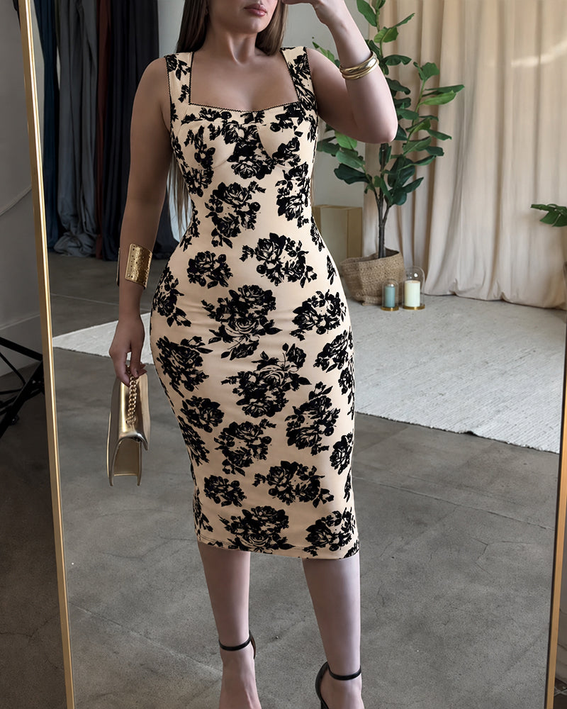Women's Vintage Flocking Rose Midi Dress Square Neck Sleeveless Bodycon Dress Elegant Club Party Gown - Image 3