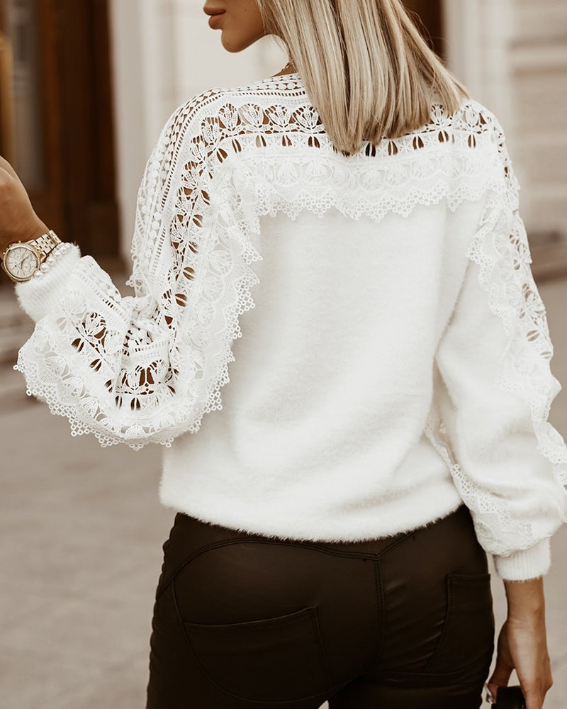 Crewneck Guipure Lace Long Sleeve Hollow Out Knit Sweaters Pullover Tops - Image 2