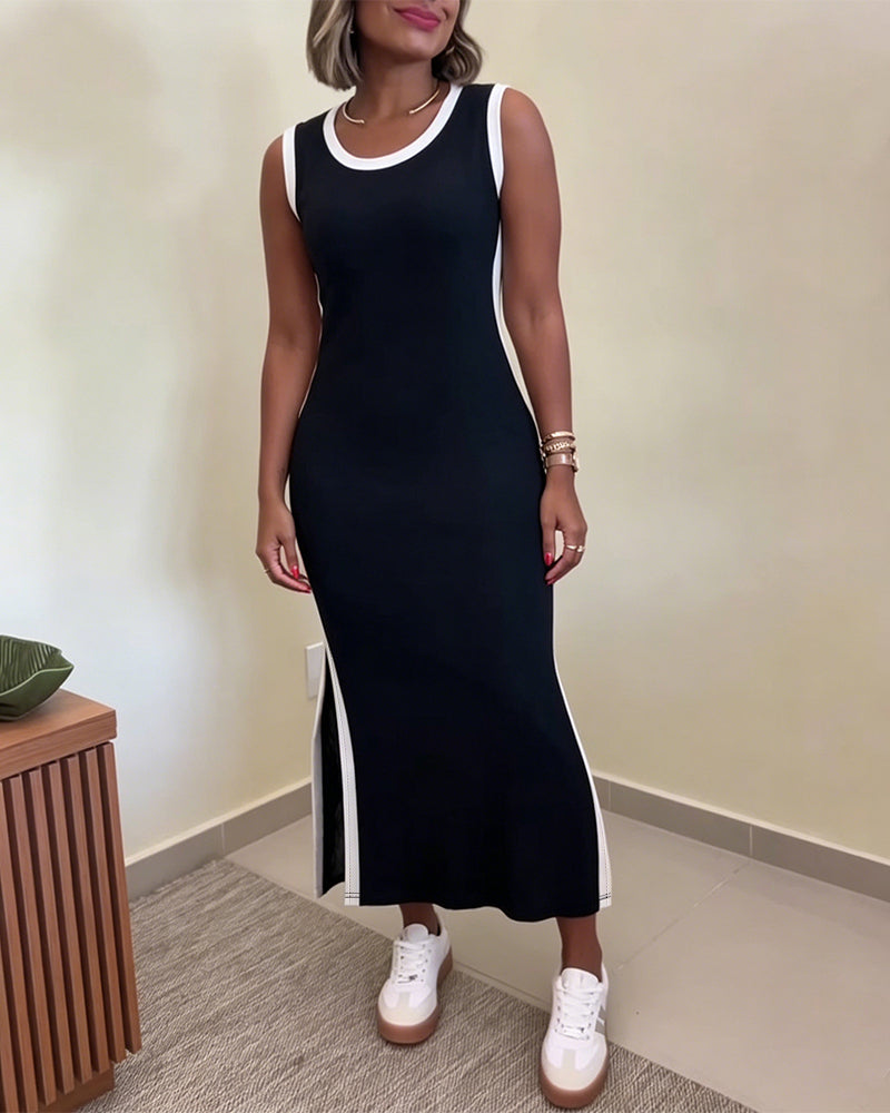 Women's Contrast Binding Tank Dress Slim Fit Sleeveless Maxi Dress Side Slit Casual Knit Sundress - Image 6