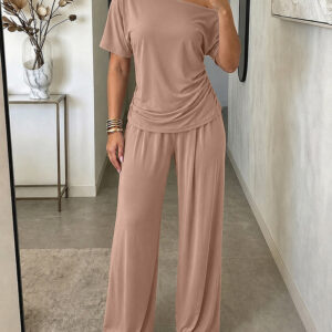 Women's 2 Piece Outfit Boat Neck Ruched Side Top and Wide Leg Pants Set Casual Draped Lounge Set