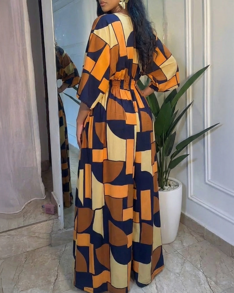 Colorblock Geometric Print V-Neck Batwing Sleeve Ruched Waist Overalls Casual Cinched Waist Wide Leg Jumpsuit - Image 2