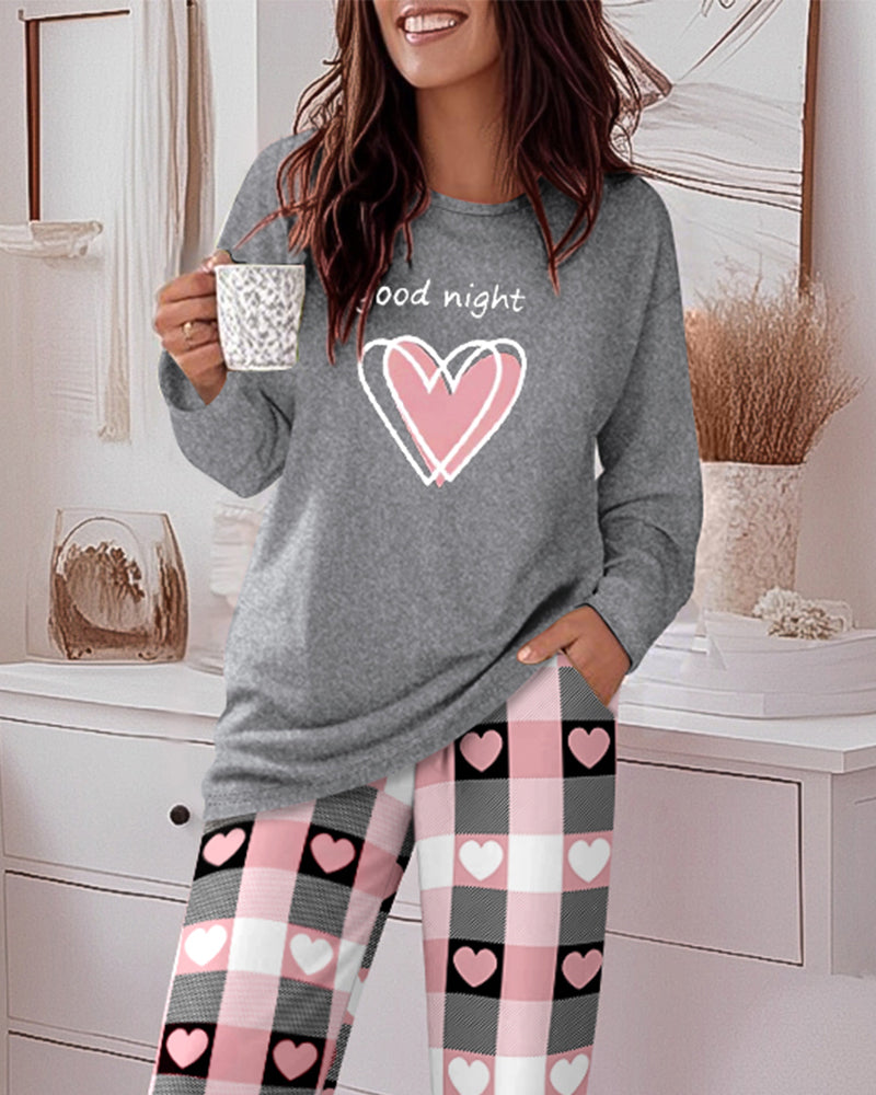 2 Pieces Outfit Good Night Slogan Print Long Sleeve Top and Plaid Print Elastic Waist Pants Set Casual Heart Print Pajamas Set - Image 3