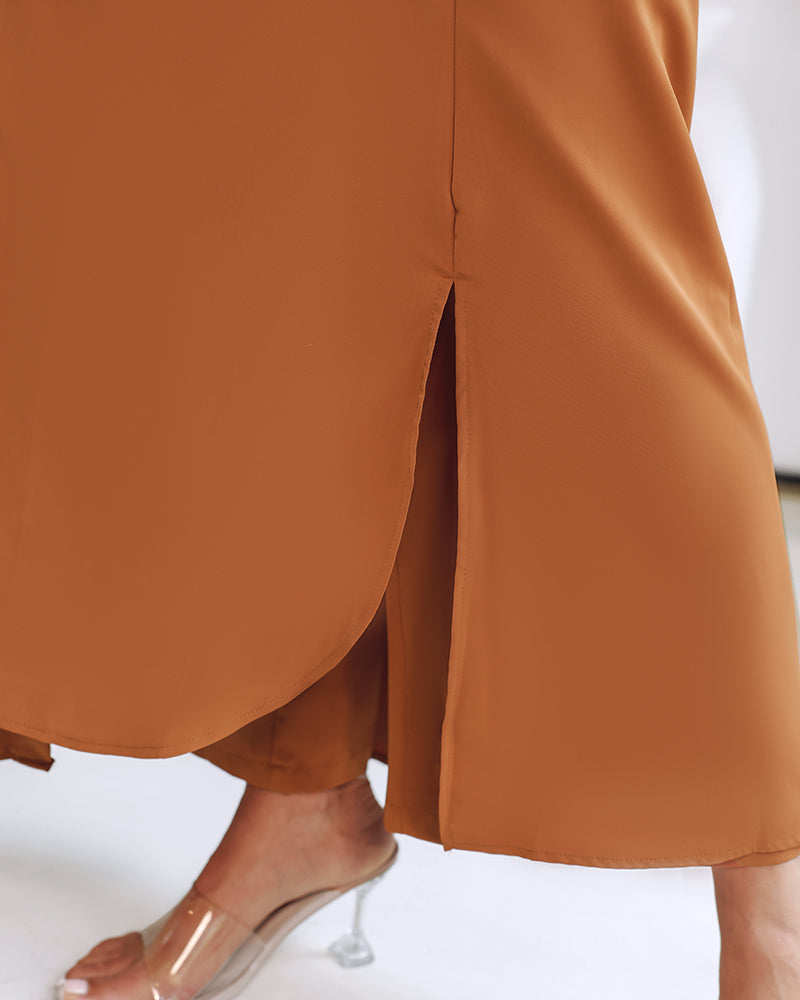 2 Pieces Outfit Turn-down Collar Turn-Up Sleeves Button Front Asymmetrical Hem Longline Blouse and Casual Elastic Waist Wide Leg Pants Set - Image 6