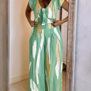 2 Pieces Outfit V Neck Petal Sleeve Tie Front Shirred Back Hem Crop Top and High Waist Elastic Back Waist Wide Leg Pants Set Casual Colorblock Abstract Print Set