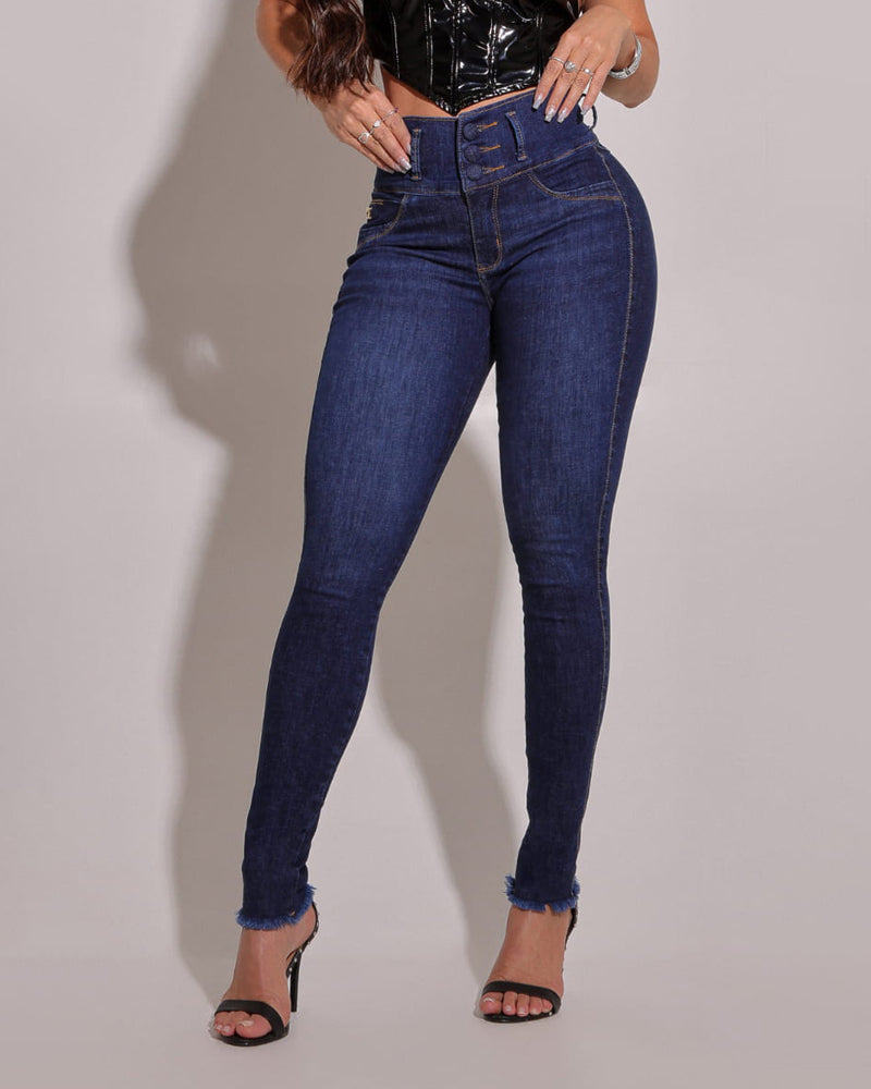 High Waist Strechy Skinny Jean Pants Casual Butt Lifting Raw Hem Slim Fit Leggings - Image 3
