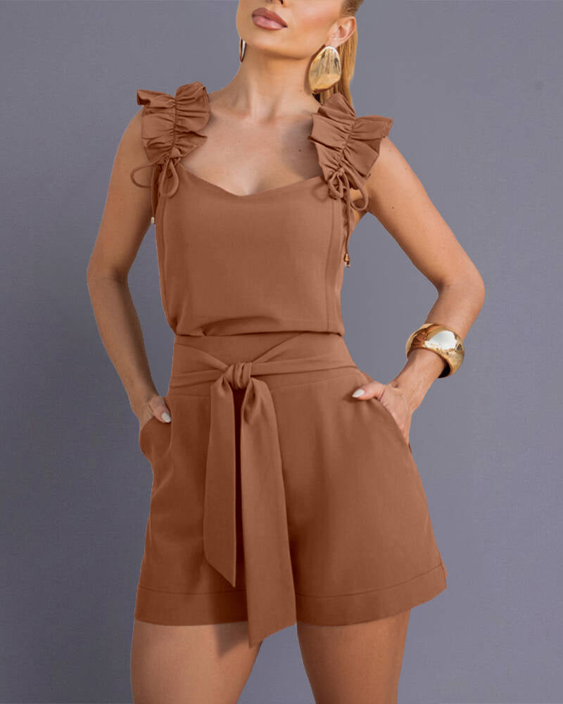 CHICME Women's 2 Piece Shorts Set Ruffle Strap Sleeveless Top and High Waisted Shorts with Pockets - Image 3