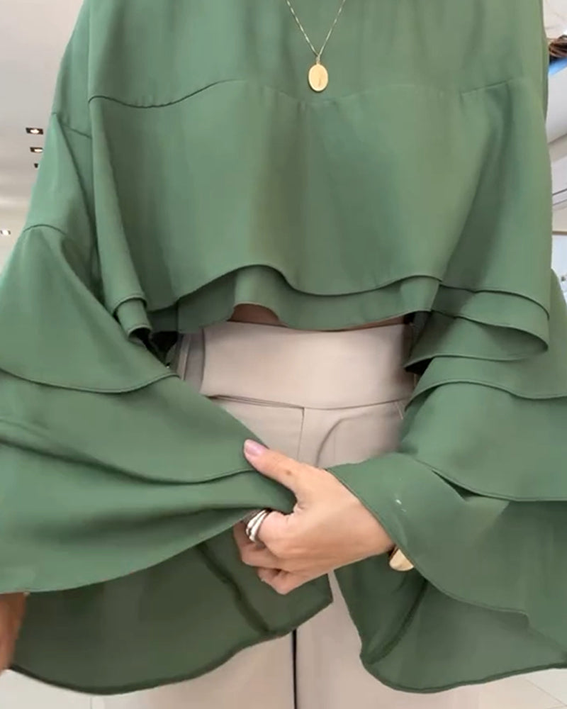 Round Neck Bell Sleeve Crop Top Casual Loose Fit Layered Blouse - Image 3
