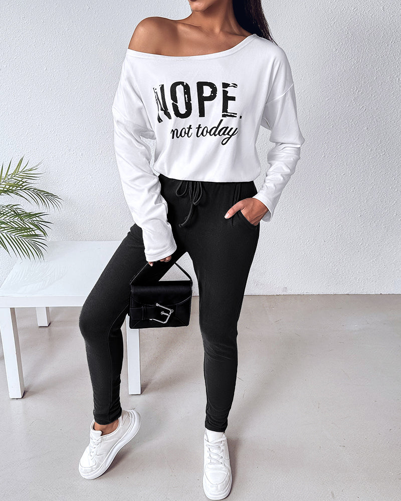 2 Pieces Outfit Nope. Not Today Slogan Print Skew Neck Long Sleeve Pullover Top And Casual Drawstring Stretchy Waist Slim Fit Pants Set - Image 12