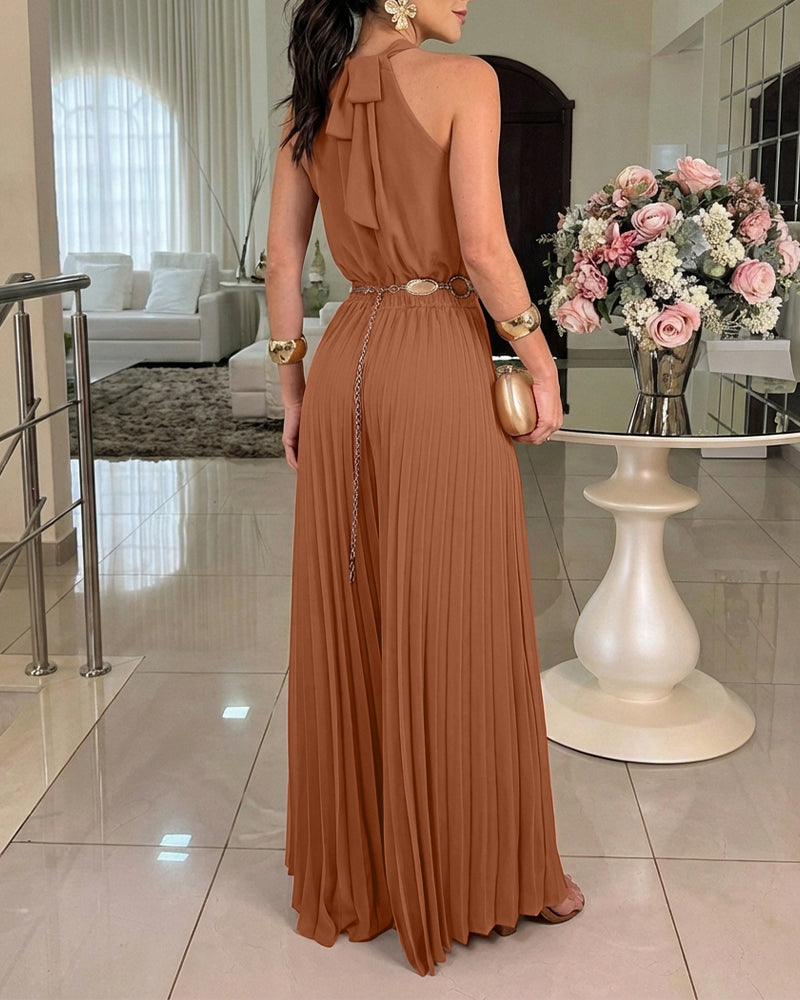CHICME Women's Halter Tie Wide Leg Jumpsuit Pleated High Waist One-Piece Romper Elegant Sleeveless Evening Party Jumpsuit without Waist Chain - Image 4