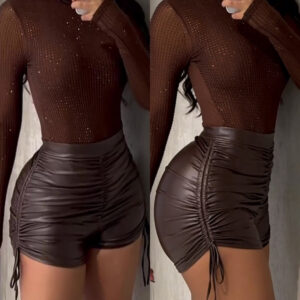 Women's Sexy PU Leather Shorts High Waisted Ruched Drawstring Faux Leather Shorts Elastic Waist Trendy Party Clubwear