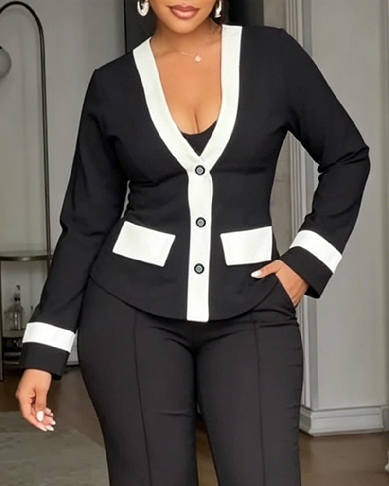 Women's Contrast Binding Coat Casual Slim Fit V Neck Jacket Button Front Office Business Workwear - Image 3