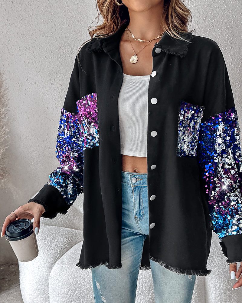Colorblock Sequin Patchwork Long Sleeve Jacket Top Button Front Raw Hem Shacket - Image 10
