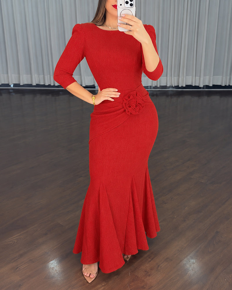 Women's 3D Floral Twist Mermaid Maxi Evening Gown Elegant Three Quarters Sleeve Bodycon Party Dress - Image 4