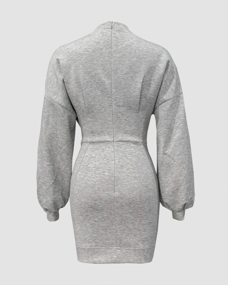 Lantern Sleeve Bodycon Pullover Sweatshirt Dress Crew Neck Mini Dress - Image 8