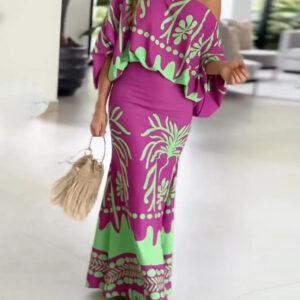 2 Pieces Outfit Skew Neck Lantern Sleeve Loose Fit Top and High Waist Elastic Waist Fishtail Maxi Skirt Set Casual Tropical Print Vacation Set
