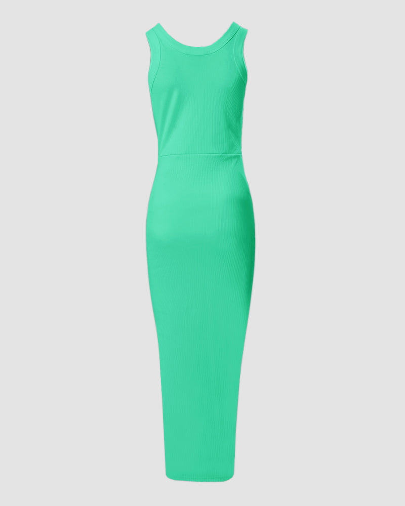 Side Slit Drawstring Ruched Bodycon Casual Sun Maxi Dresses Sleeveless Ribbed Tank Dress - Image 25