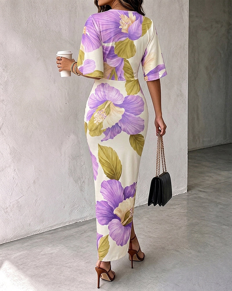 Women's Floral V Neck Drawstring Ruched Maxi Dress Batwing Sleeve Slit Bodycon Vacation Dress - Image 2